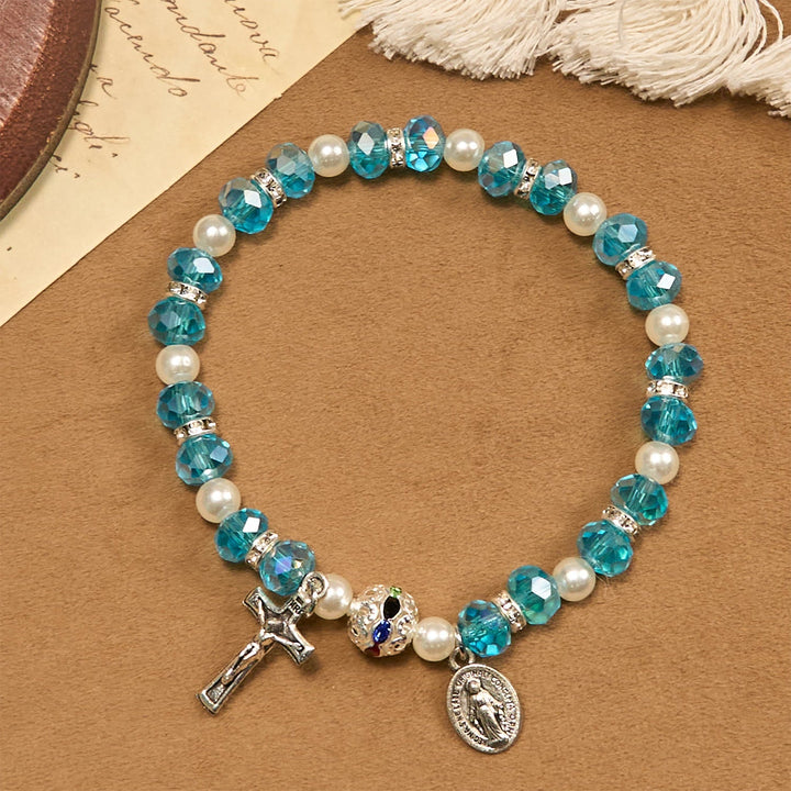 Modern Clear Crystal Stretch Braceletwith Crucifix & Miraculous Medal: Contemporary Faith Statement