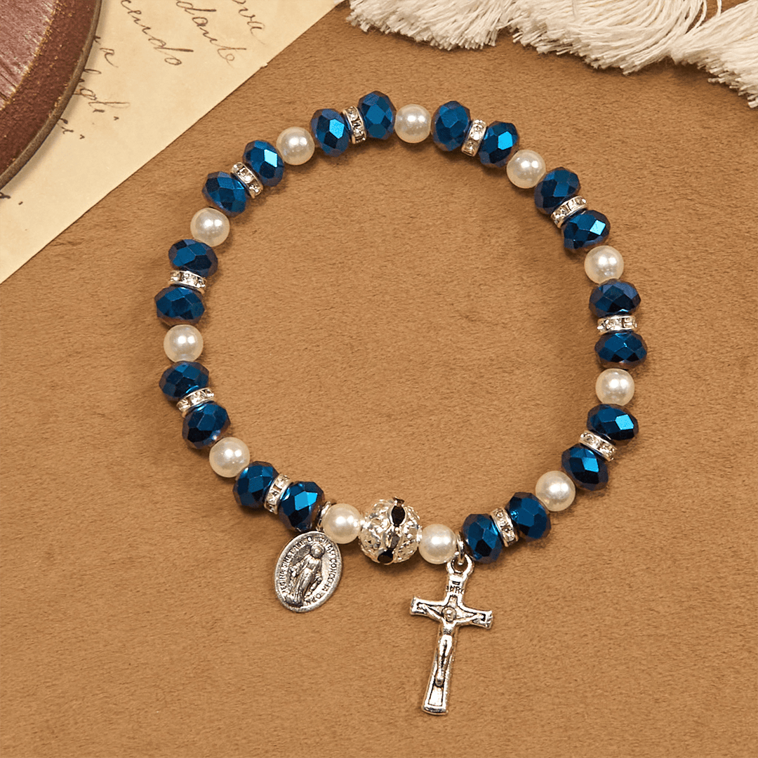 Modern Clear Crystal Stretch Braceletwith Crucifix & Miraculous Medal: Contemporary Faith Statement