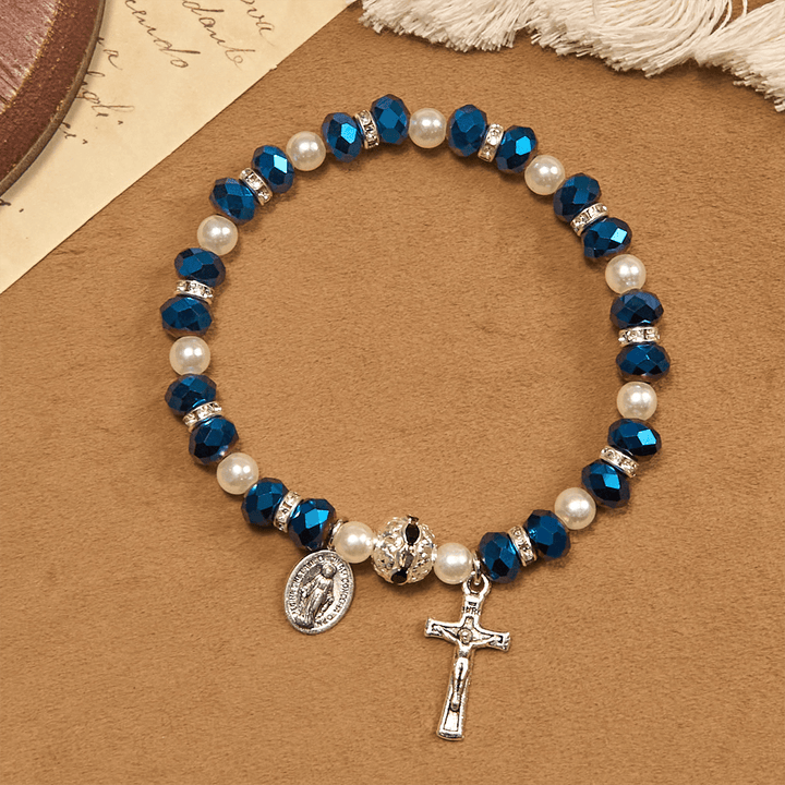 Modern Clear Crystal Stretch Braceletwith Crucifix & Miraculous Medal: Contemporary Faith Statement