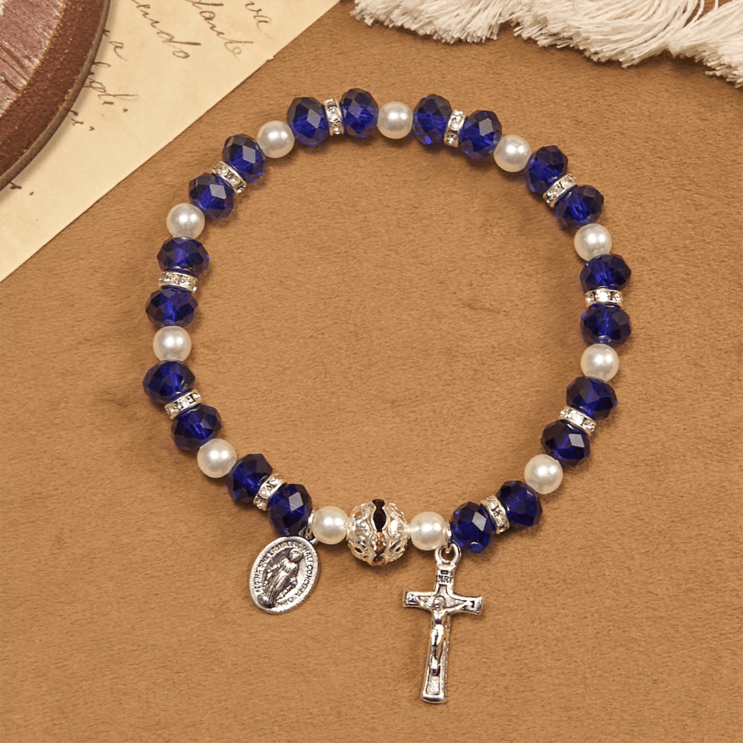 Modern Clear Crystal Stretch Braceletwith Crucifix & Miraculous Medal: Contemporary Faith Statement