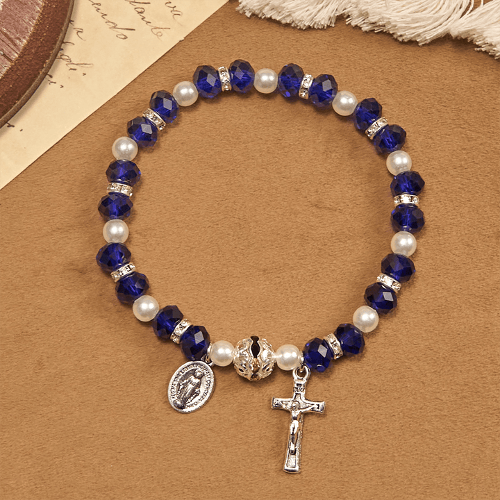 Modern Clear Crystal Stretch Braceletwith Crucifix & Miraculous Medal: Contemporary Faith Statement