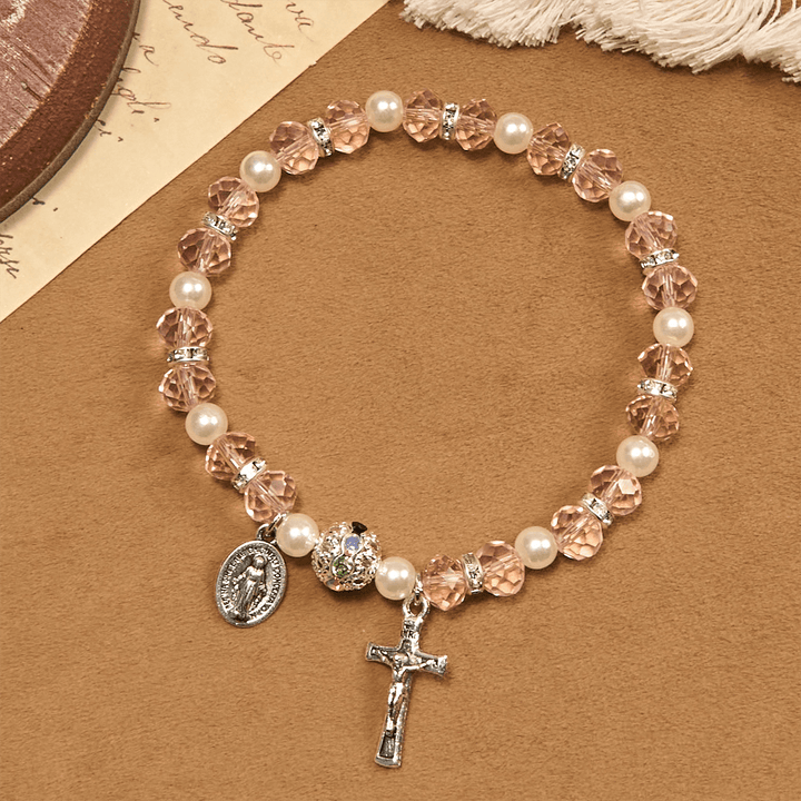 Modern Clear Crystal Stretch Braceletwith Crucifix & Miraculous Medal: Contemporary Faith Statement