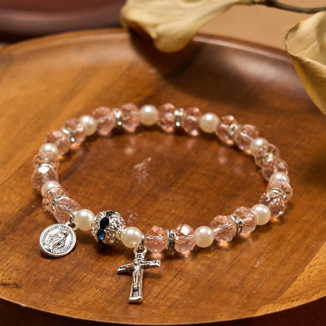 Modern Clear Crystal Stretch Braceletwith Crucifix & Miraculous Medal: Contemporary Faith Statement
