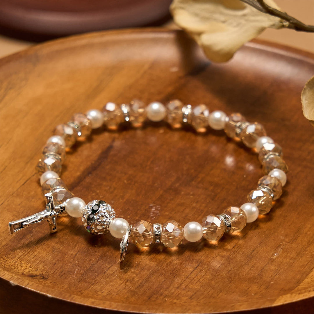 Modern Clear Crystal Stretch Braceletwith Crucifix & Miraculous Medal: Contemporary Faith Statement