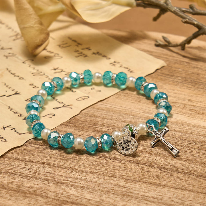 Modern Clear Crystal Stretch Braceletwith Crucifix & Miraculous Medal: Contemporary Faith Statement