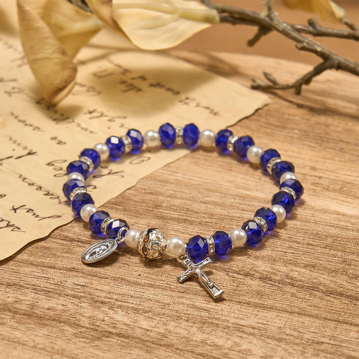 Modern Clear Crystal Stretch Braceletwith Crucifix & Miraculous Medal: Contemporary Faith Statement