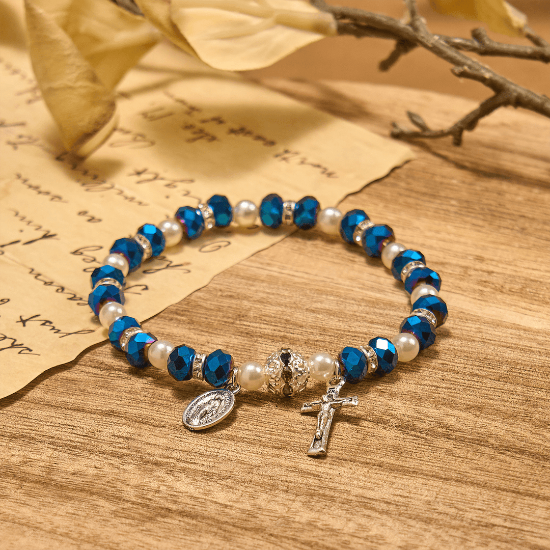 Modern Clear Crystal Stretch Braceletwith Crucifix & Miraculous Medal: Contemporary Faith Statement