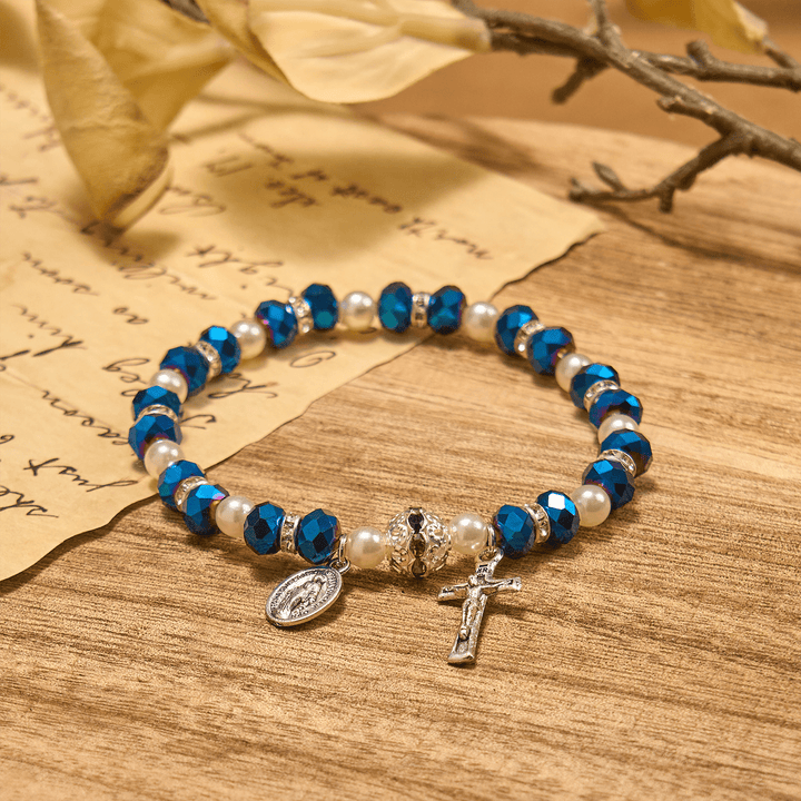 Modern Clear Crystal Stretch Braceletwith Crucifix & Miraculous Medal: Contemporary Faith Statement
