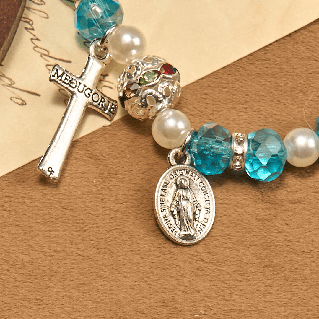 Modern Clear Crystal Stretch Braceletwith Crucifix & Miraculous Medal: Contemporary Faith Statement