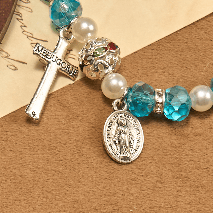 Modern Clear Crystal Stretch Braceletwith Crucifix & Miraculous Medal: Contemporary Faith Statement