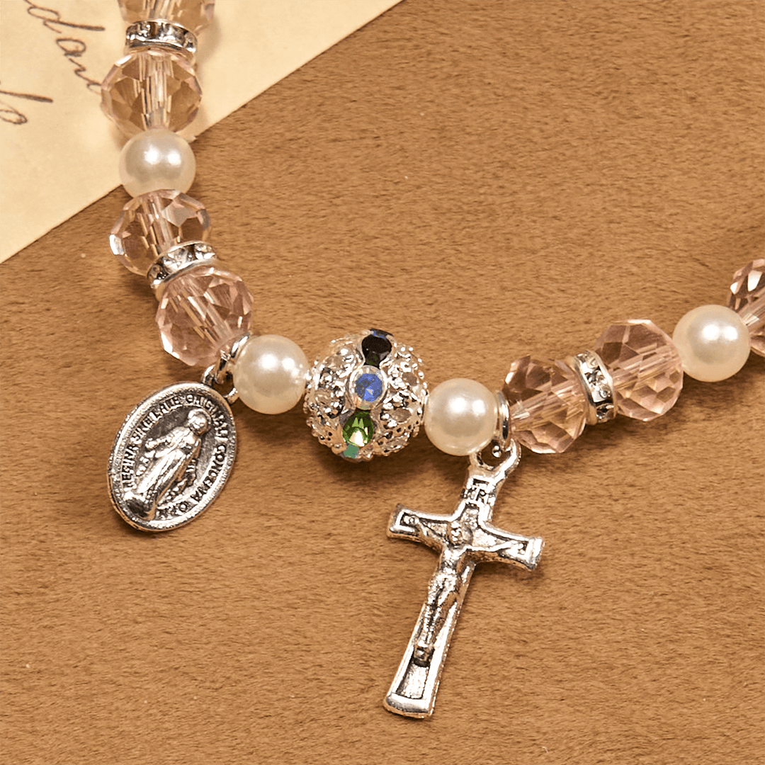Modern Clear Crystal Stretch Braceletwith Crucifix & Miraculous Medal: Contemporary Faith Statement