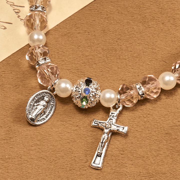 Modern Clear Crystal Stretch Braceletwith Crucifix & Miraculous Medal: Contemporary Faith Statement