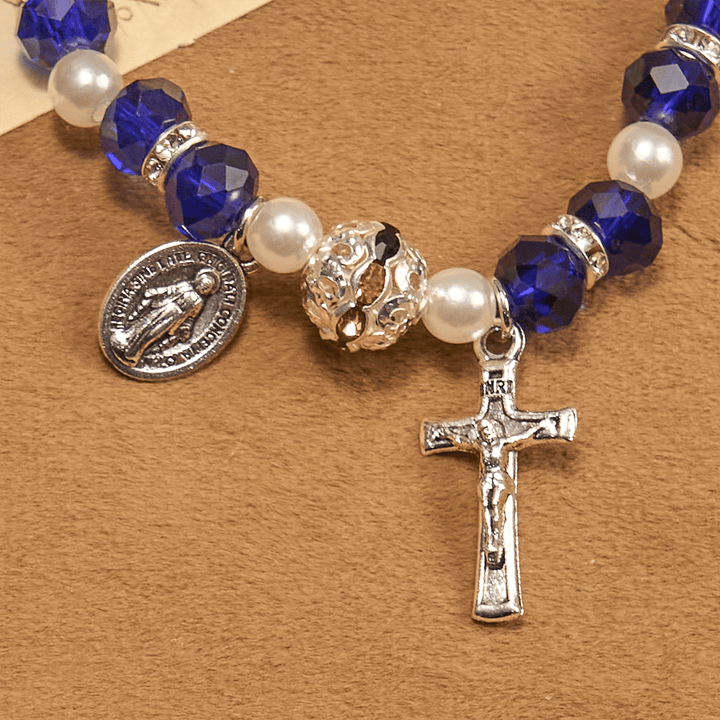 Modern Clear Crystal Stretch Braceletwith Crucifix & Miraculous Medal: Contemporary Faith Statement