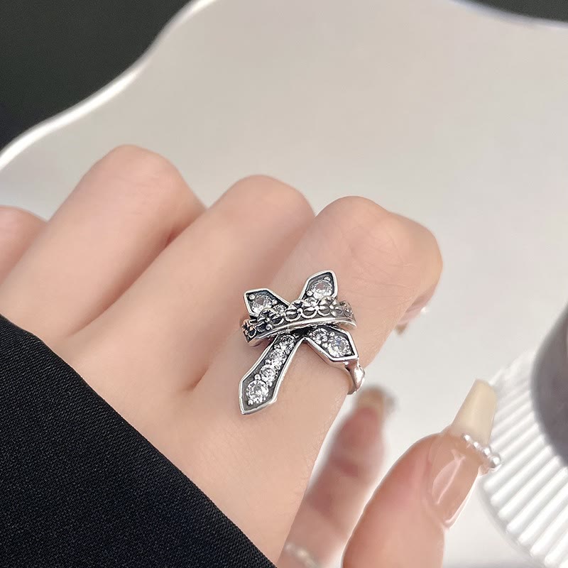 2colors Modern Ring with Cross & Regal Crown: Bold Fusion of Faith and Royalty