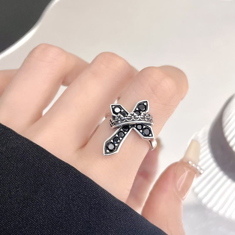 2colors Modern Ring with Cross & Regal Crown: Bold Fusion of Faith and Royalty