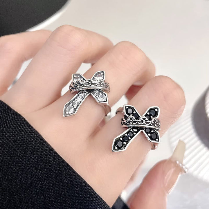 2colors Modern Ring with Cross & Regal Crown: Bold Fusion of Faith and Royalty