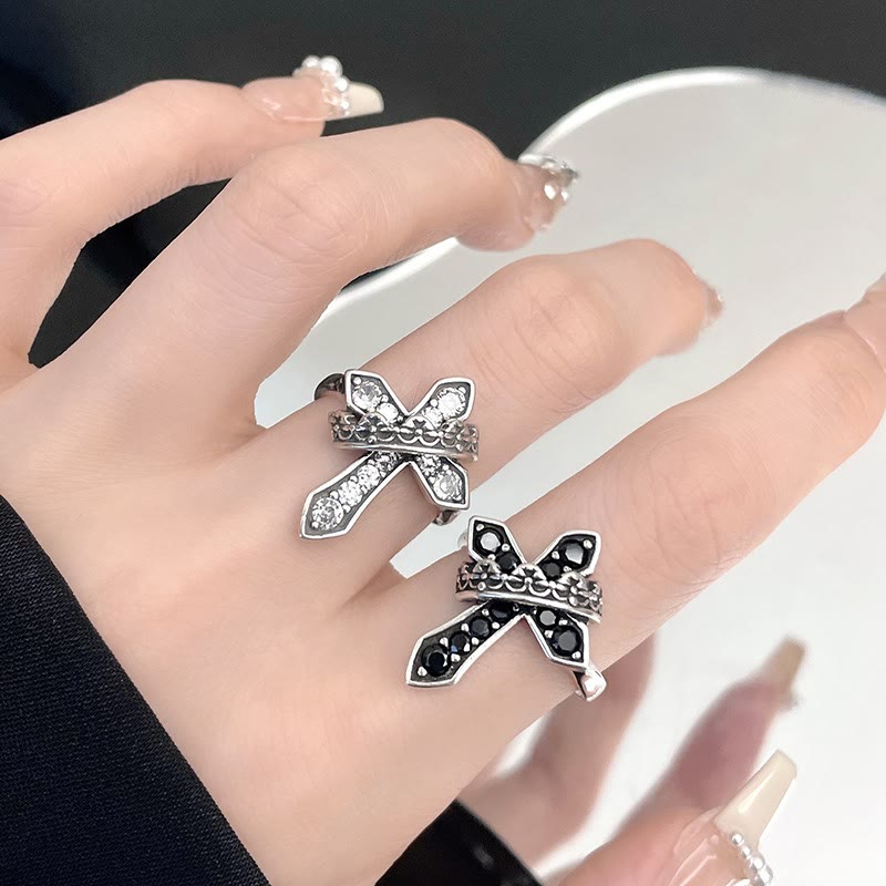 2colors Modern Ring with Cross & Regal Crown: Bold Fusion of Faith and Royalty