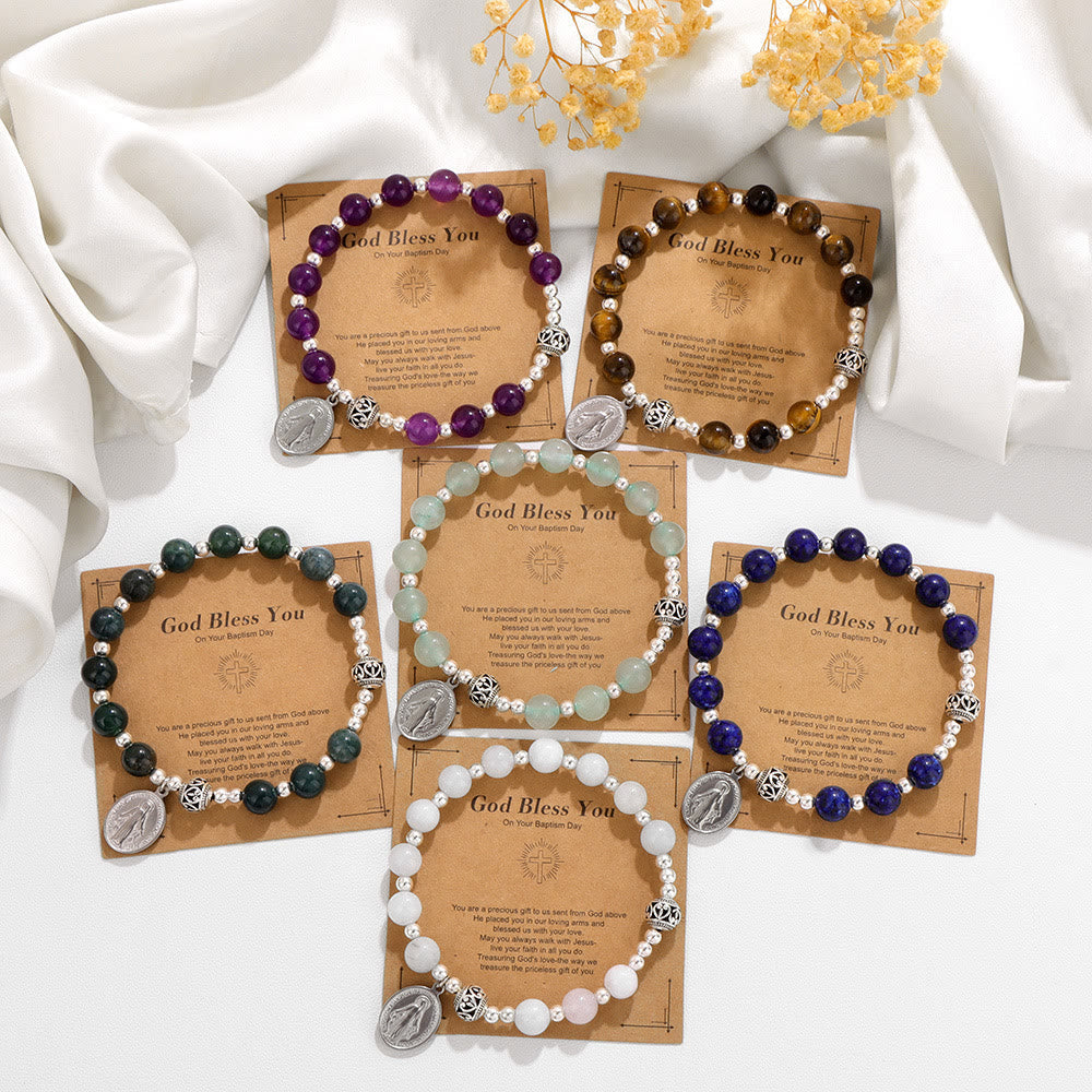 Multi-color Gemstone Stretch Bracelet with Miraculous Medal: Unique Spiritual Connection