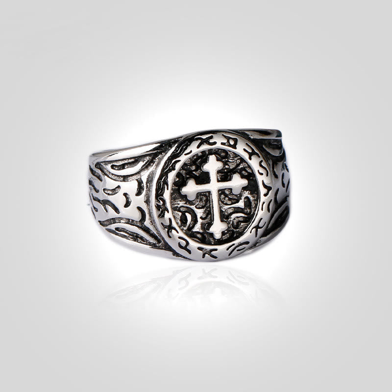 Classic Silver Cross Ring with Ornate Patterns: Handmade Relic of Faith