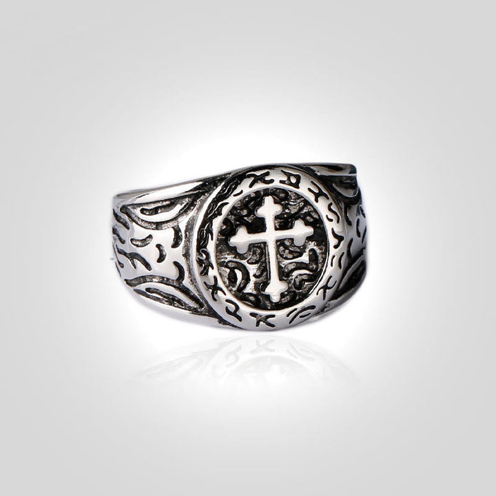 Classic Silver Cross Ring with Ornate Patterns: Handmade Relic of Faith