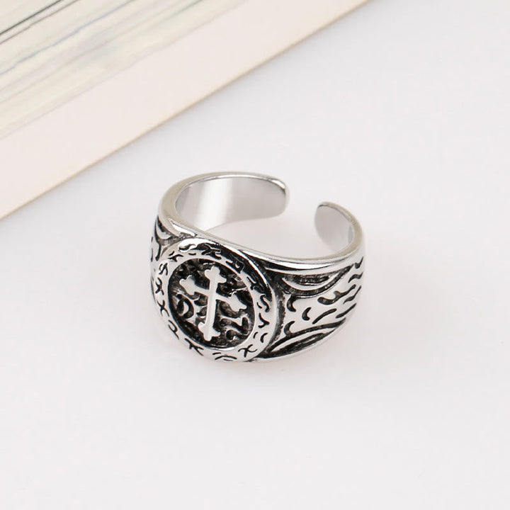 Classic Silver Cross Ring with Ornate Patterns: Handmade Relic of Faith