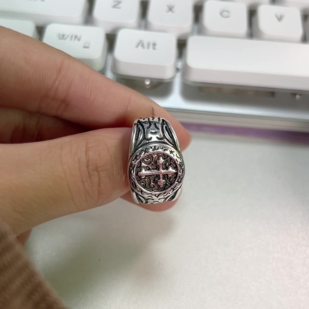 Classic Silver Cross Ring with Ornate Patterns: Handmade Relic of Faith