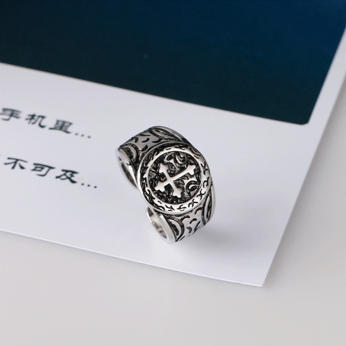 Classic Silver Cross Ring with Ornate Patterns: Handmade Relic of Faith