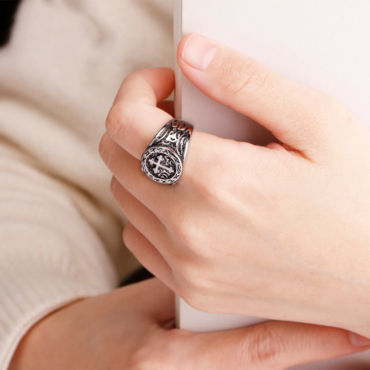 Classic Silver Cross Ring with Ornate Patterns: Handmade Relic of Faith