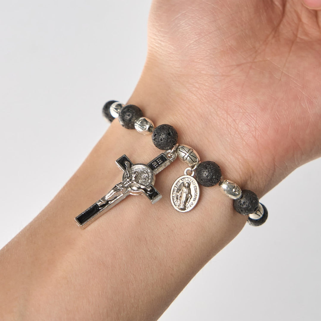 Natural Black Agate Bracelet with St. Benedict Medal and Virgin Mary Pendant: Divine Faith Artistry