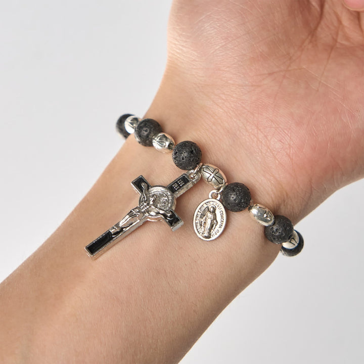 Natural Black Agate Bracelet with St. Benedict Medal and Virgin Mary Pendant: Divine Faith Artistry
