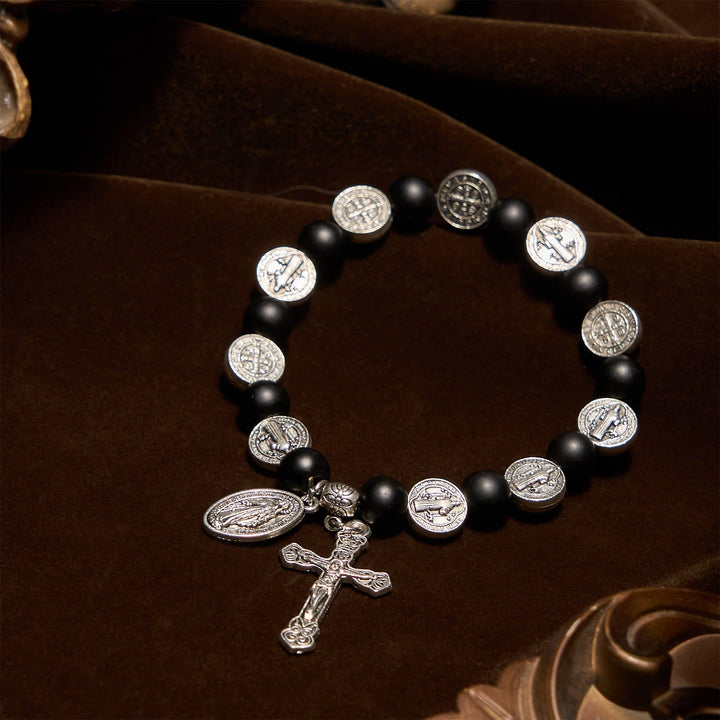Natural Black Agate Bracelet with St. Benedict Medal and Virgin Mary Pendant: Divine Faith Artistry