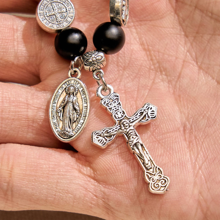 Natural Black Agate Bracelet with St. Benedict Medal and Virgin Mary Pendant: Divine Faith Artistry