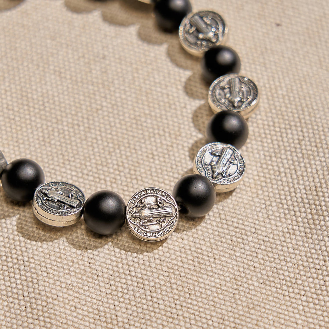 Natural Black Agate Bracelet with St. Benedict Medal and Virgin Mary Pendant: Divine Faith Artistry