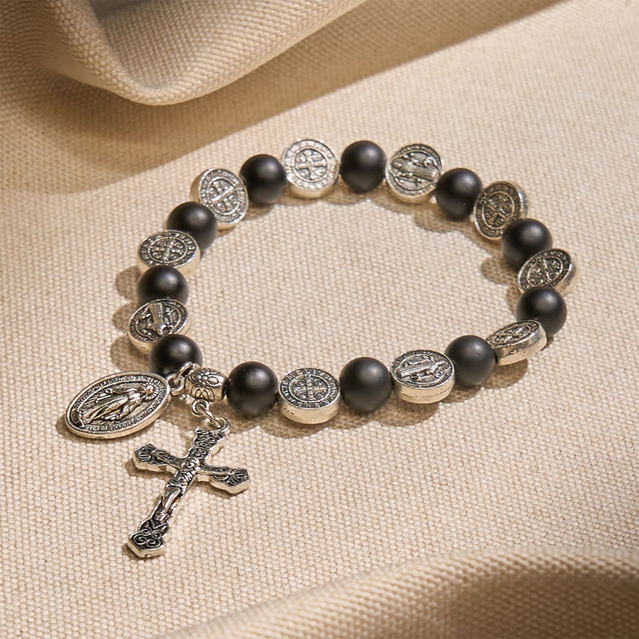Natural Black Agate Bracelet with St. Benedict Medal and Virgin Mary Pendant: Divine Faith Artistry