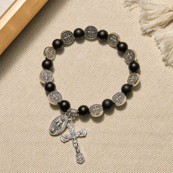 Natural Black Agate Bracelet with St. Benedict Medal and Virgin Mary Pendant: Divine Faith Artistry