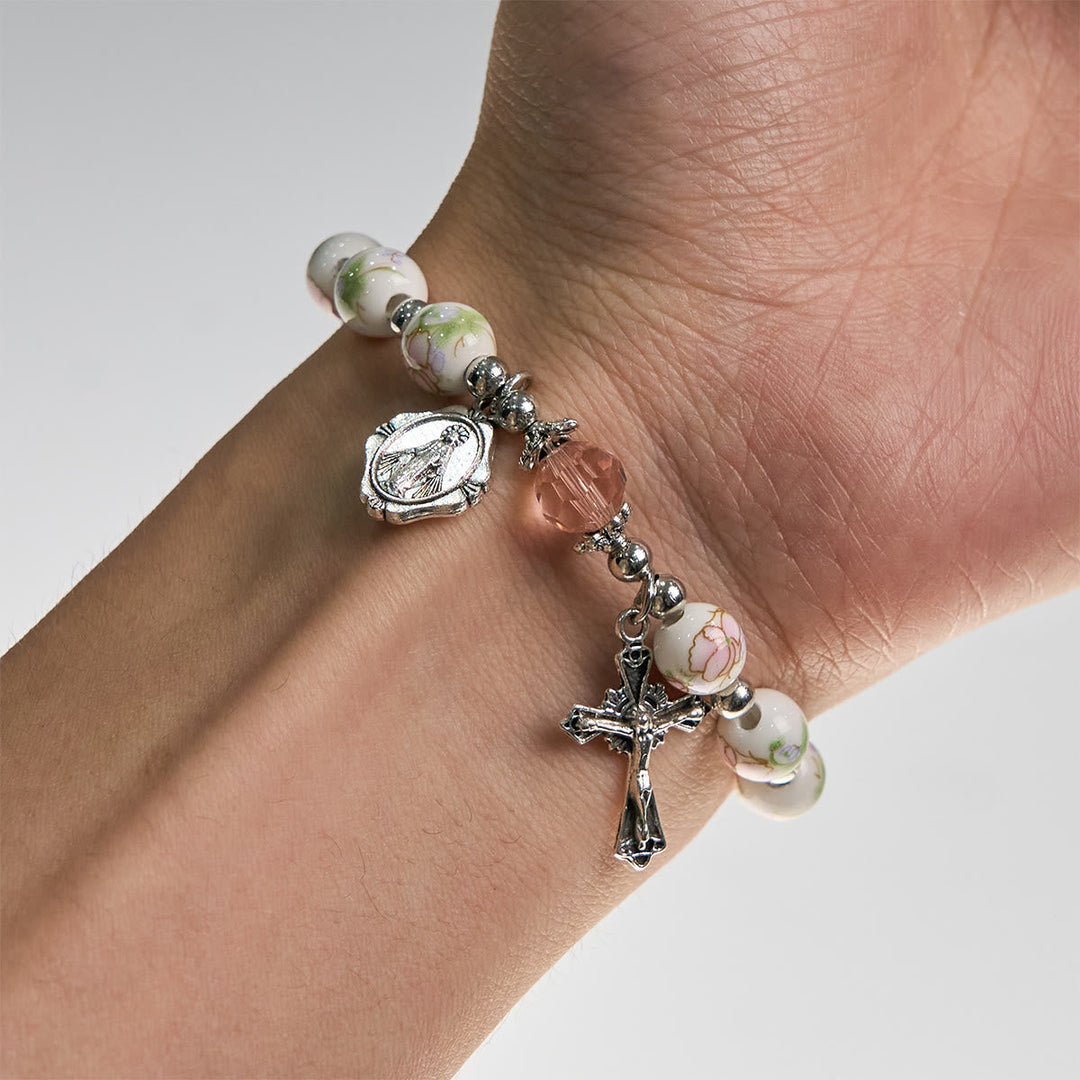 Multi-color Floral Ceramic Stretch Bracelet with Miraculous Medal & Crucifix: Subtle Faith Elegance