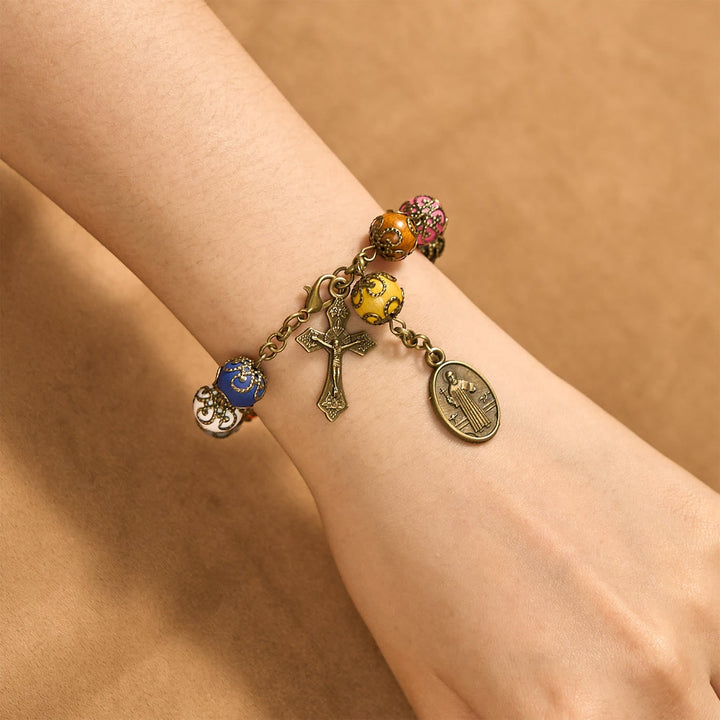 Vintage Style Patterned Colorful Bead Bracelet with Bronze St. Benedict & Crucifix: Trust in Divine Continuity