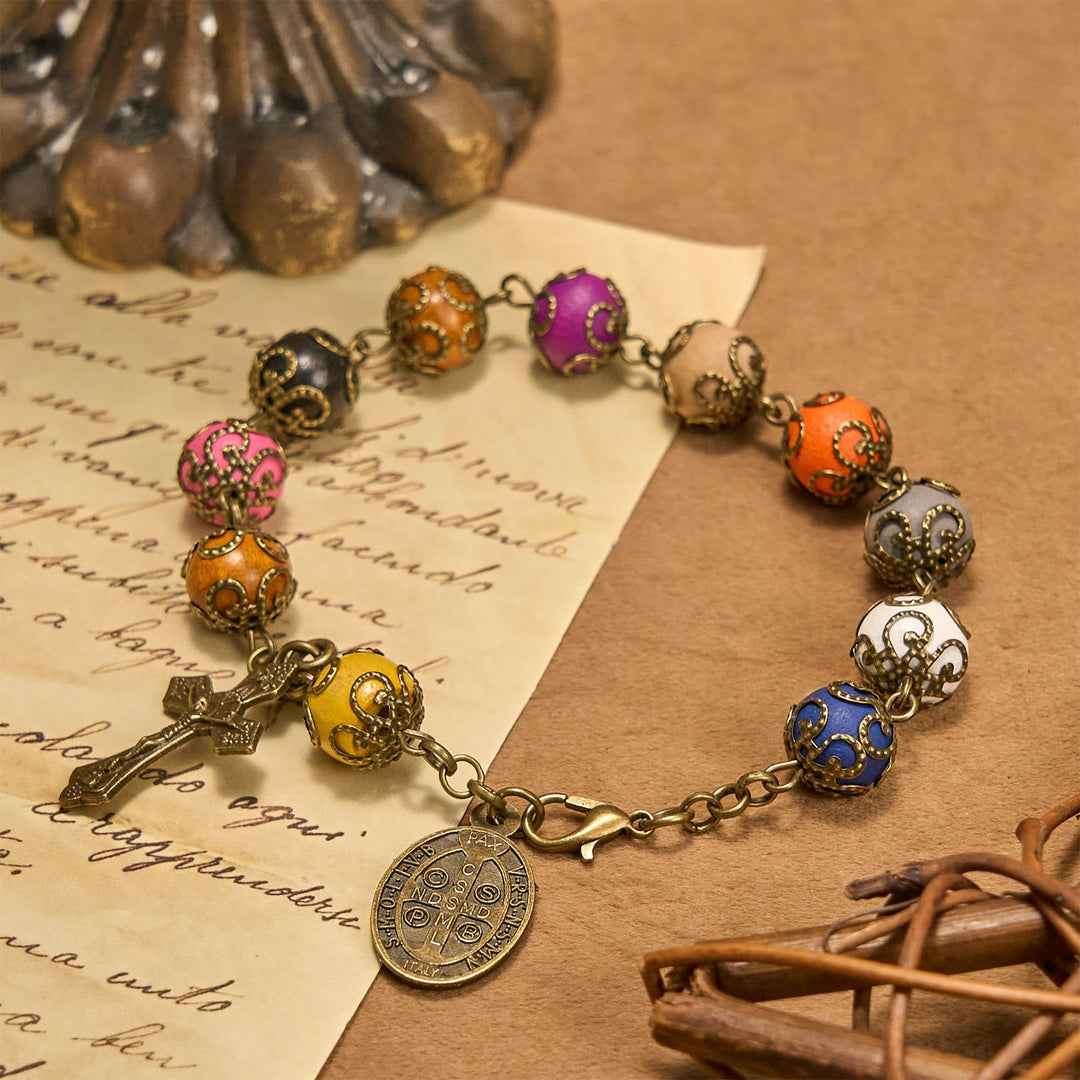 Vintage Style Patterned Colorful Bead Bracelet with Bronze St. Benedict & Crucifix: Trust in Divine Continuity