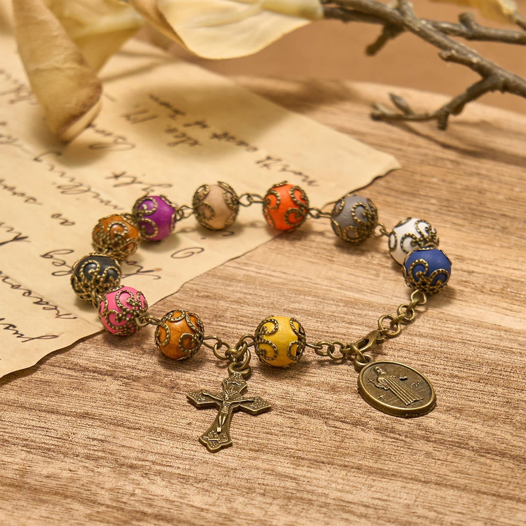 Vintage Style Patterned Colorful Bead Bracelet with Bronze St. Benedict & Crucifix: Trust in Divine Continuity