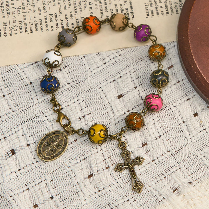 Vintage Style Patterned Colorful Bead Bracelet with Bronze St. Benedict & Crucifix: Trust in Divine Continuity