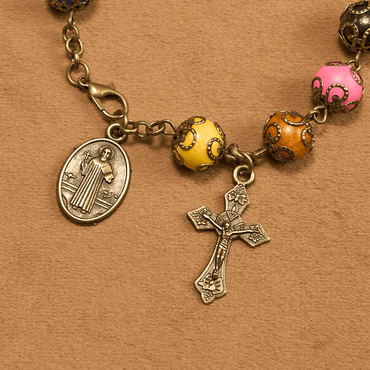 Vintage Style Patterned Colorful Bead Bracelet with Bronze St. Benedict & Crucifix: Trust in Divine Continuity