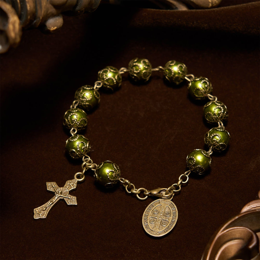 Matte Verdigris Beads with Bronze St. Benedict Medal & Crucifix Bracelet: Find Peace in Subtle Sacredness