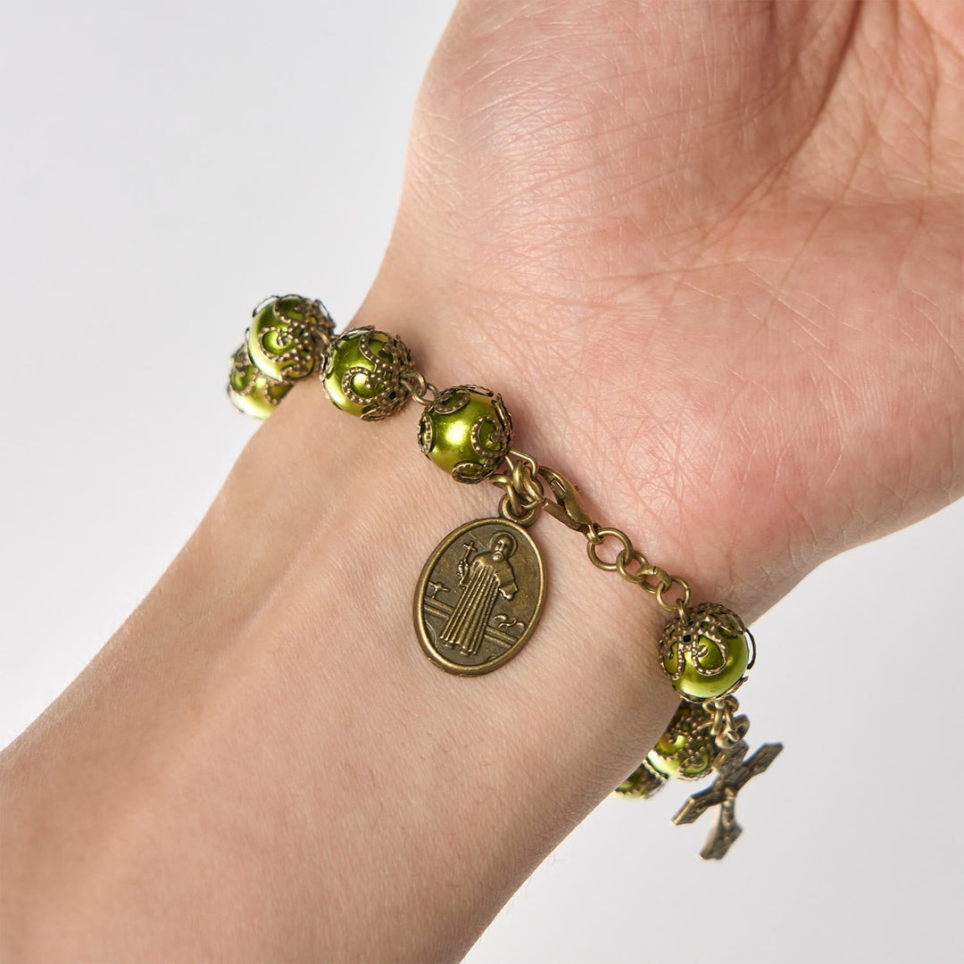 Matte Verdigris Beads with Bronze St. Benedict Medal & Crucifix Bracelet: Find Peace in Subtle Sacredness
