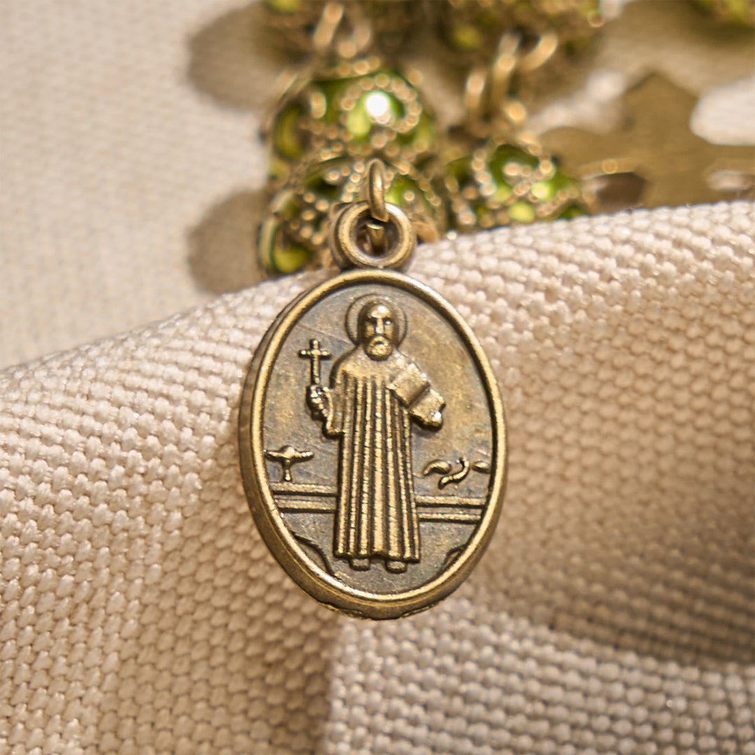 Matte Verdigris Beads with Bronze St. Benedict Medal & Crucifix Bracelet: Find Peace in Subtle Sacredness