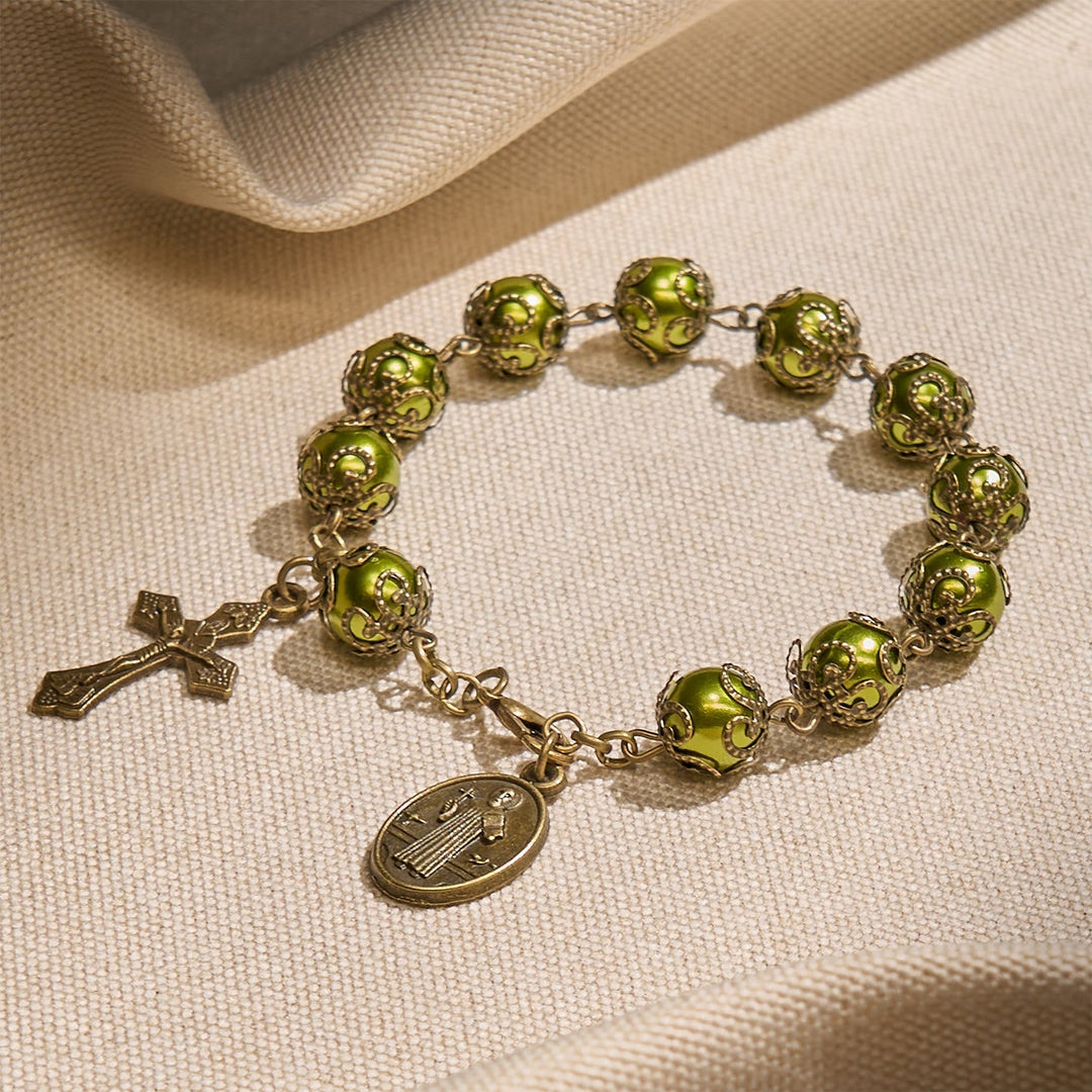 Matte Verdigris Beads with Bronze St. Benedict Medal & Crucifix Bracelet: Find Peace in Subtle Sacredness