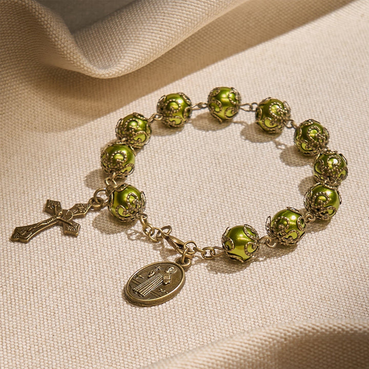 Matte Verdigris Beads with Bronze St. Benedict Medal & Crucifix Bracelet: Find Peace in Subtle Sacredness