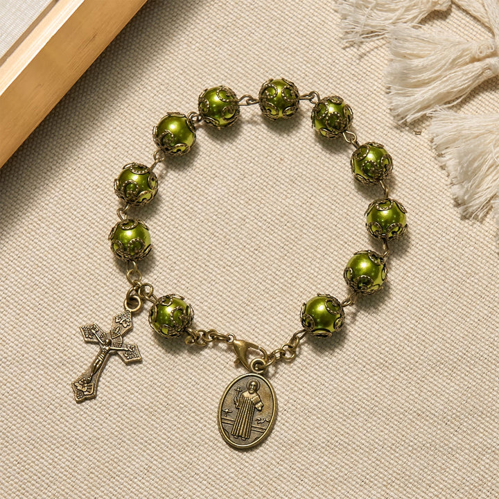 Matte Verdigris Beads with Bronze St. Benedict Medal & Crucifix Bracelet: Find Peace in Subtle Sacredness