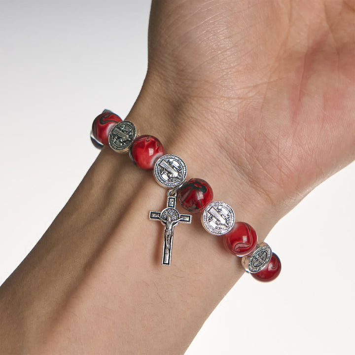 Tri-Color Beads Bracelet with Silver St. Benedict Medal and Crucifix: Divine Faith Artistry