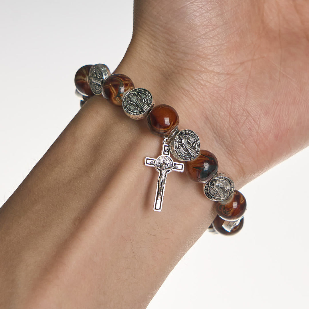 Tri-Color Beads Bracelet with Silver St. Benedict Medal and Crucifix: Divine Faith Artistry