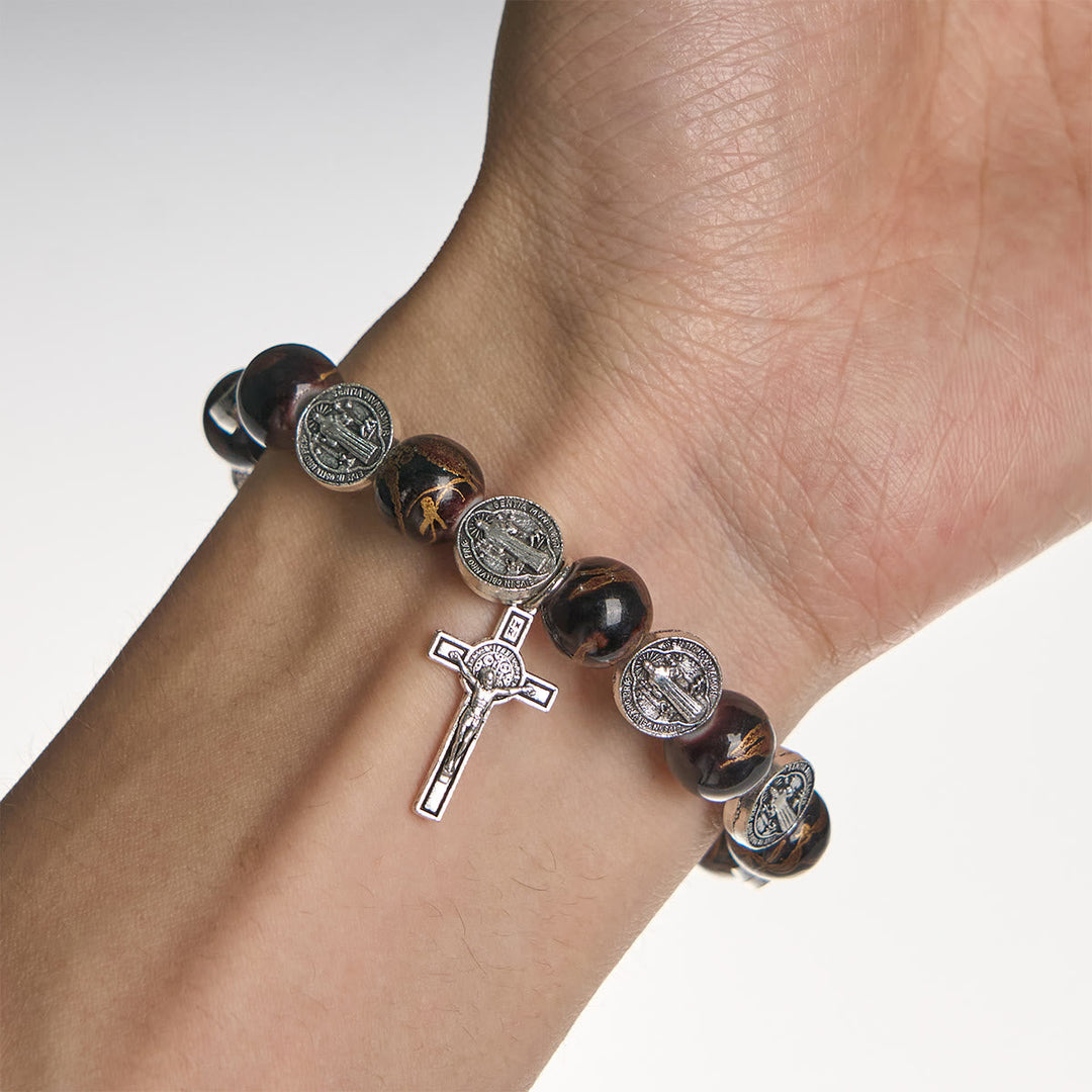 Tri-Color Beads Bracelet with Silver St. Benedict Medal and Crucifix: Divine Faith Artistry